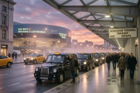 Line of British black cabs at Heathrow Terminal 5 taxi rank at dawn